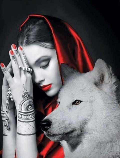 Алмазна мозаїка Сірий вовк і дівчина в червоному на полотні з підрамником 40х50 см (GA86132)