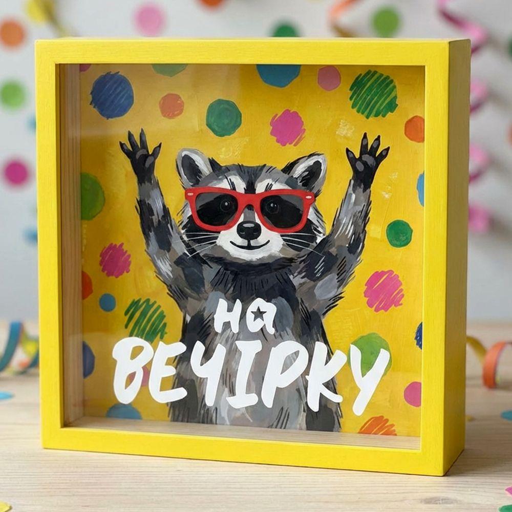 Копилка для купюр Енот "На вечеринку" настенная/настольная МДФ/пластик многоразовая 22х22х5 см (0438)