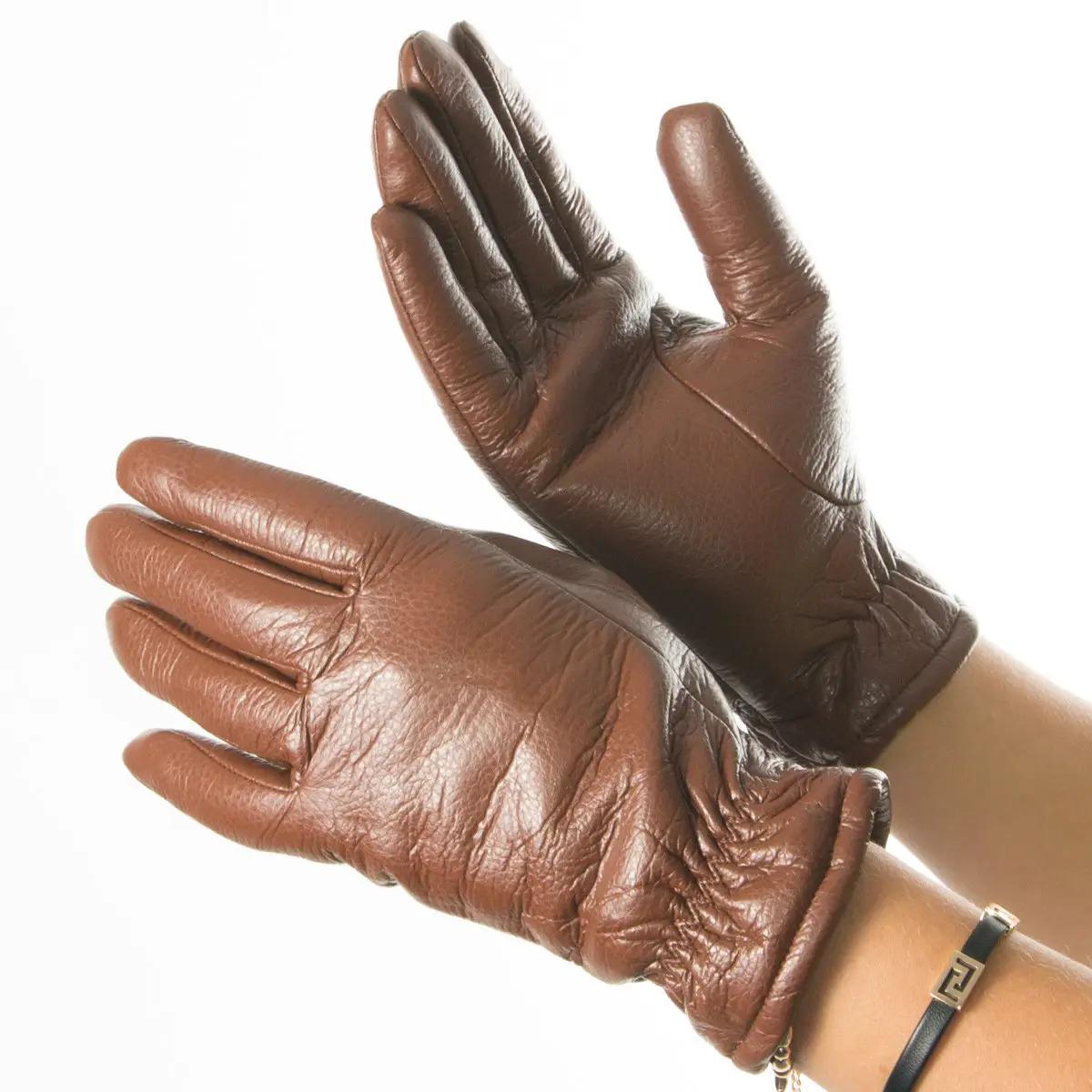 Перчатки женские из экокожи со сборкой на манжете M Коричневый (№19-1-58)