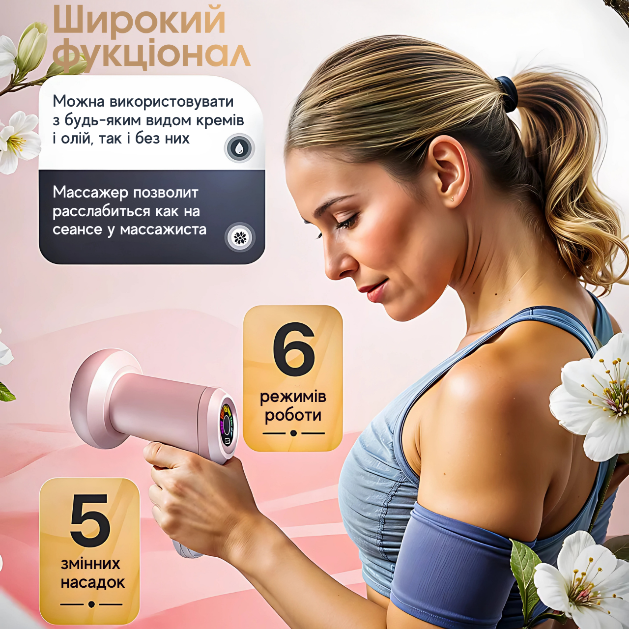 Вибромассажер ручной для мышц тела рук и ног 5 насадок Розовый (7579807111) - фото 11 Вибромассажер ручной для мышц тела рук и ног 5 насадок Розовый (7579807111) - фото 11