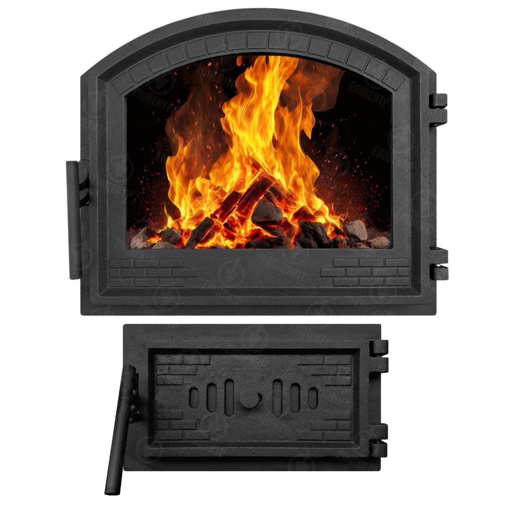 Комплект чугунной дверцы замковая с вогнетривким стеклом 490x420 мм/поддувальная с регулятором тяги замковая 330х190 мм