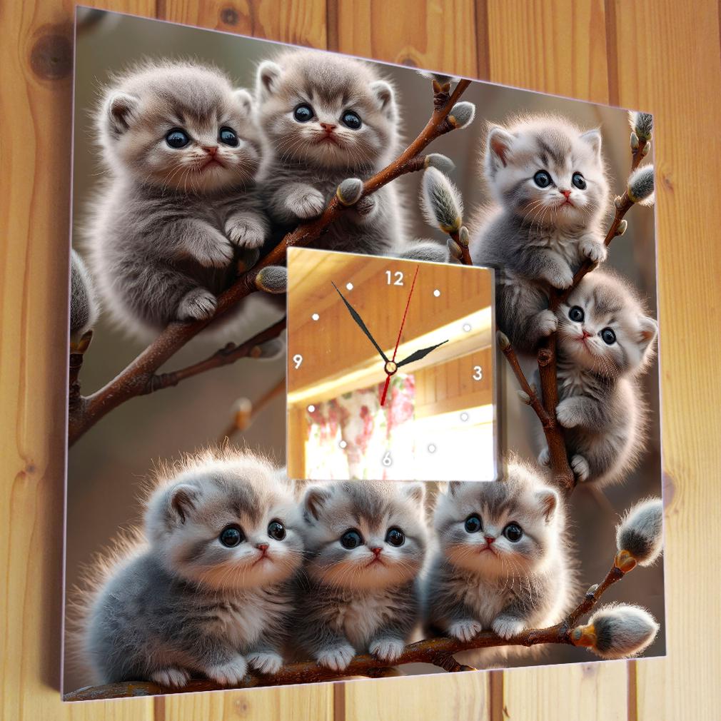 Часы Котята на ветках вербы 260x260 мм (C04656) - фото 2 Часы Котята на ветках вербы 260x260 мм (C04656) - фото 2