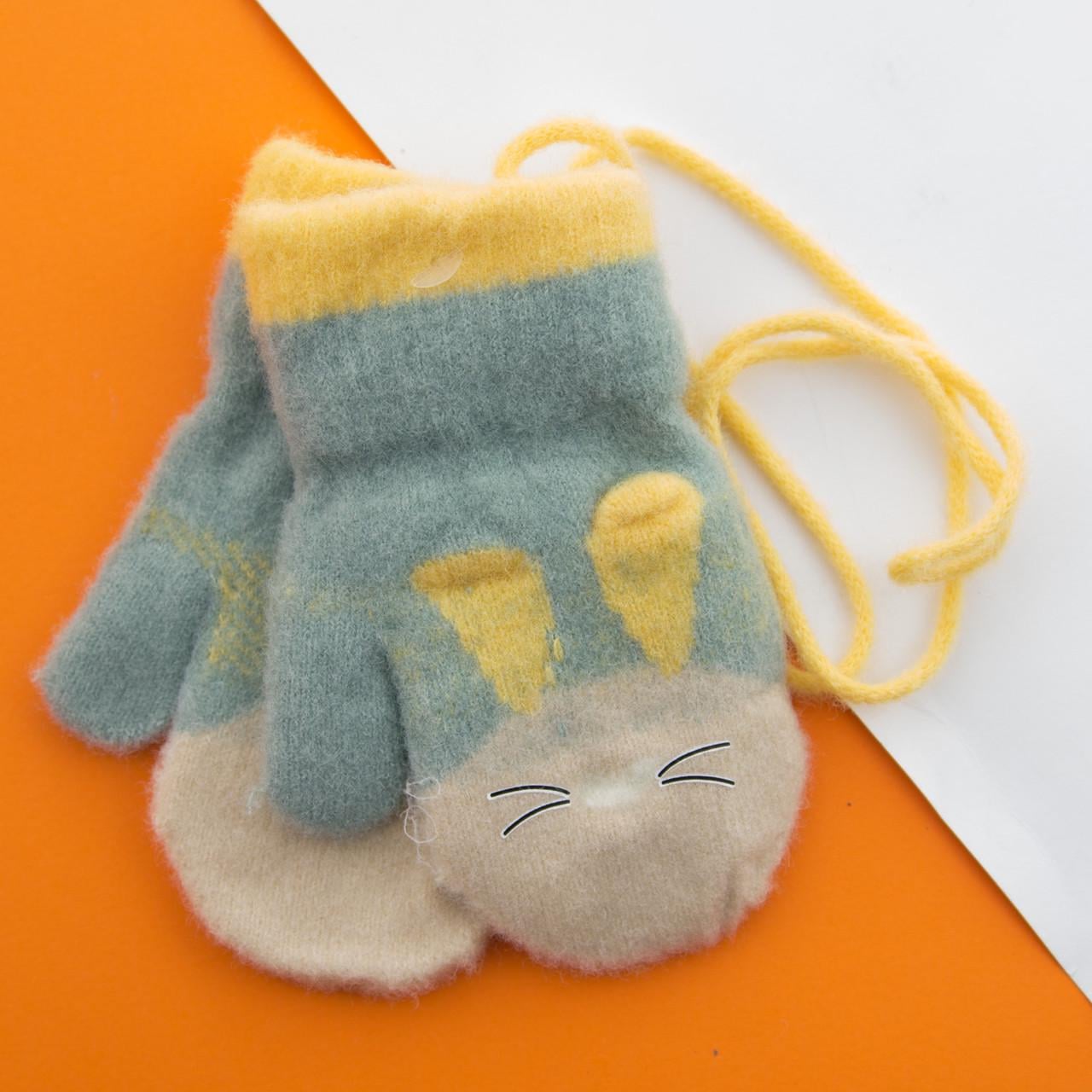 Варежки для малышей зимние с мехом на 1-2 года на веревочке Зайчик 22-25-38 Серо-зеленый (DR009863)