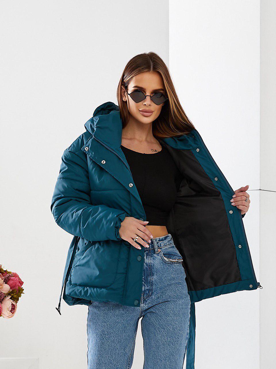 Куртка демісезонна коротка Khan з поясом р. 42 Аква (Kh332) - фото 3