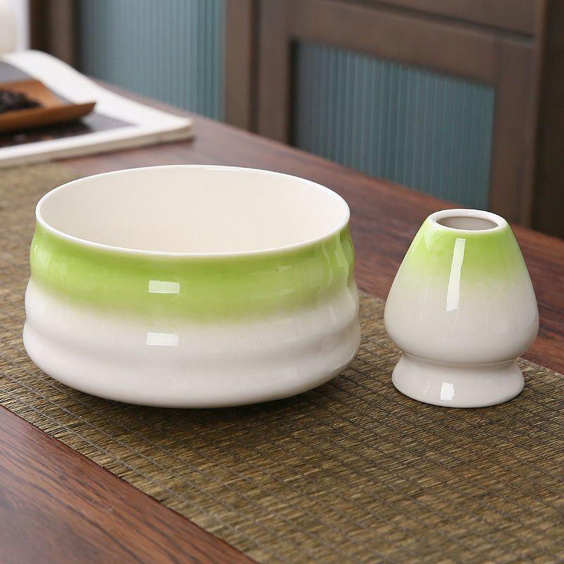 Комплект чаша Чаван/Тяван керамическая для приготовления чая матча с подставкой Кусенаоши для венчика часен Салатовый градиент (KC04S)