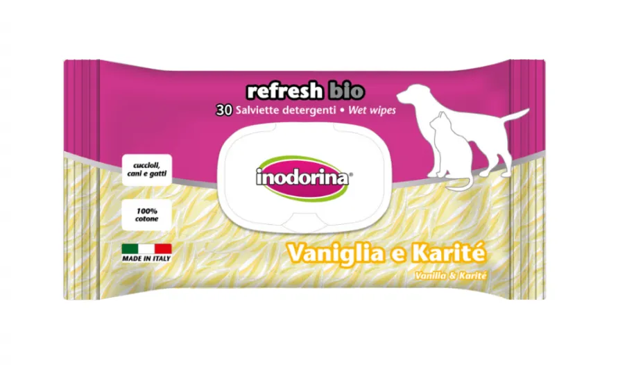 Влажные салфетки биоразлагаемые для всех типов шерсти кошек и собак Inodorina Refresh Bio Vaniglia e Karite с ароматом ванили и карите 30 шт.