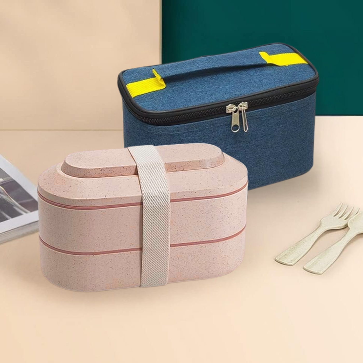 Ланч-бокс для горячей и холодной пищи с термосумкой двухъярусный контейнер для обеда со столовыми приборами 900 мл Розовый