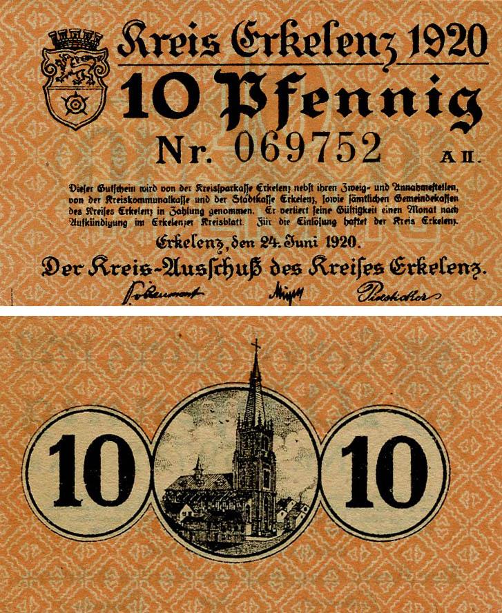 Коллекционная банкнота Германия Нотгельд 10 пфеннигов 1920 F-VF Эркеленц (Б18473)