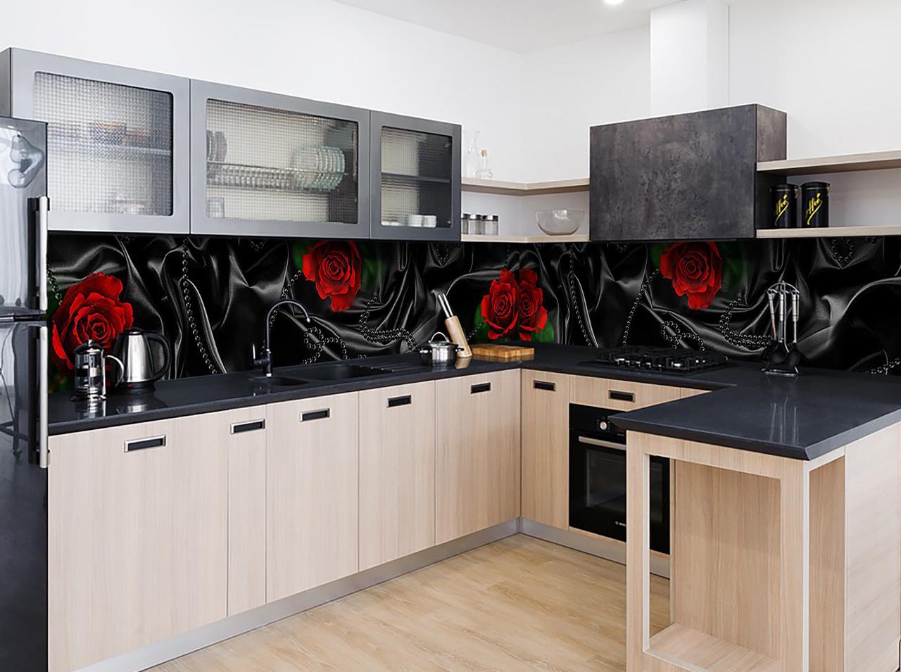 Кухонный фартук Шелк и красные розы с самоклеющейся виниловой пленки 60х250 см Черный Кухонный фартук Шелк и красные розы с самоклеющейся виниловой пленки 60х250 см Черный