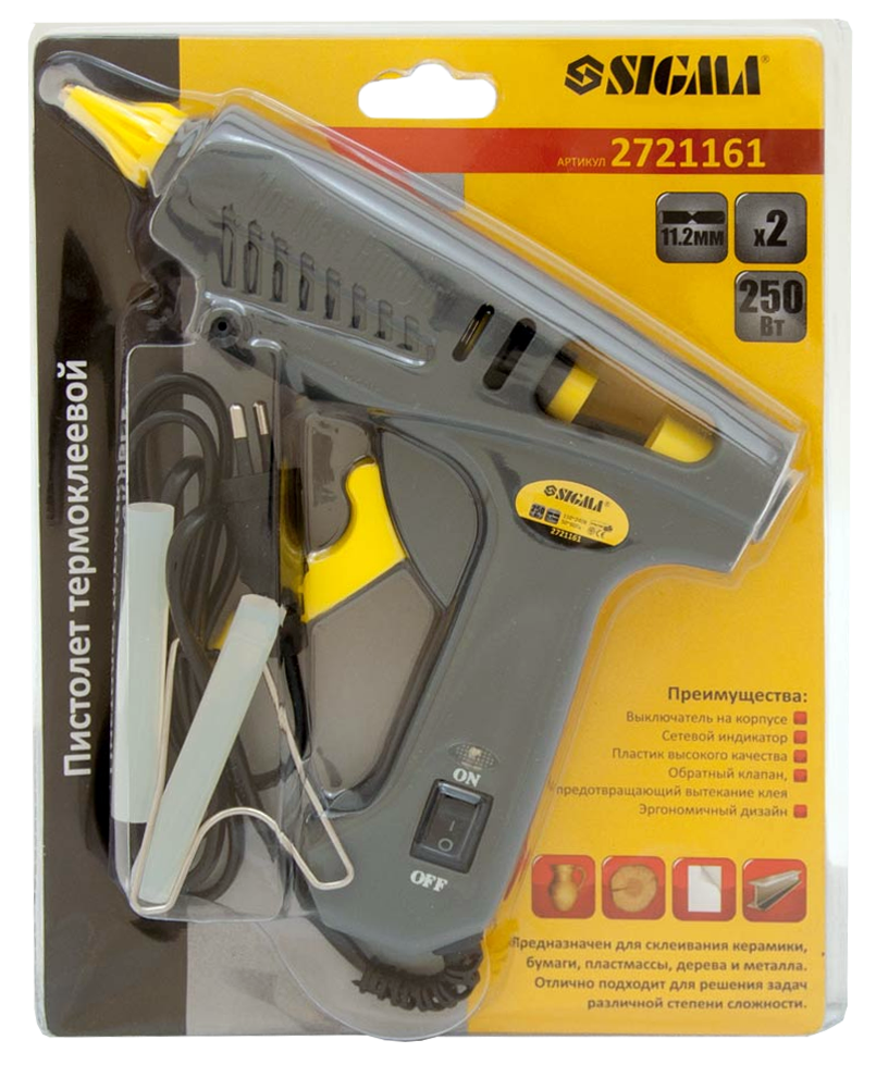 Пістолет клейовий Sigma з вимикачем 11 мм 250 Вт (60075)