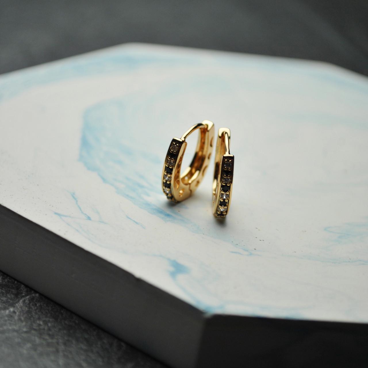 Сережки кільця з чорними фіанітами медична сталь позолота (x159)
