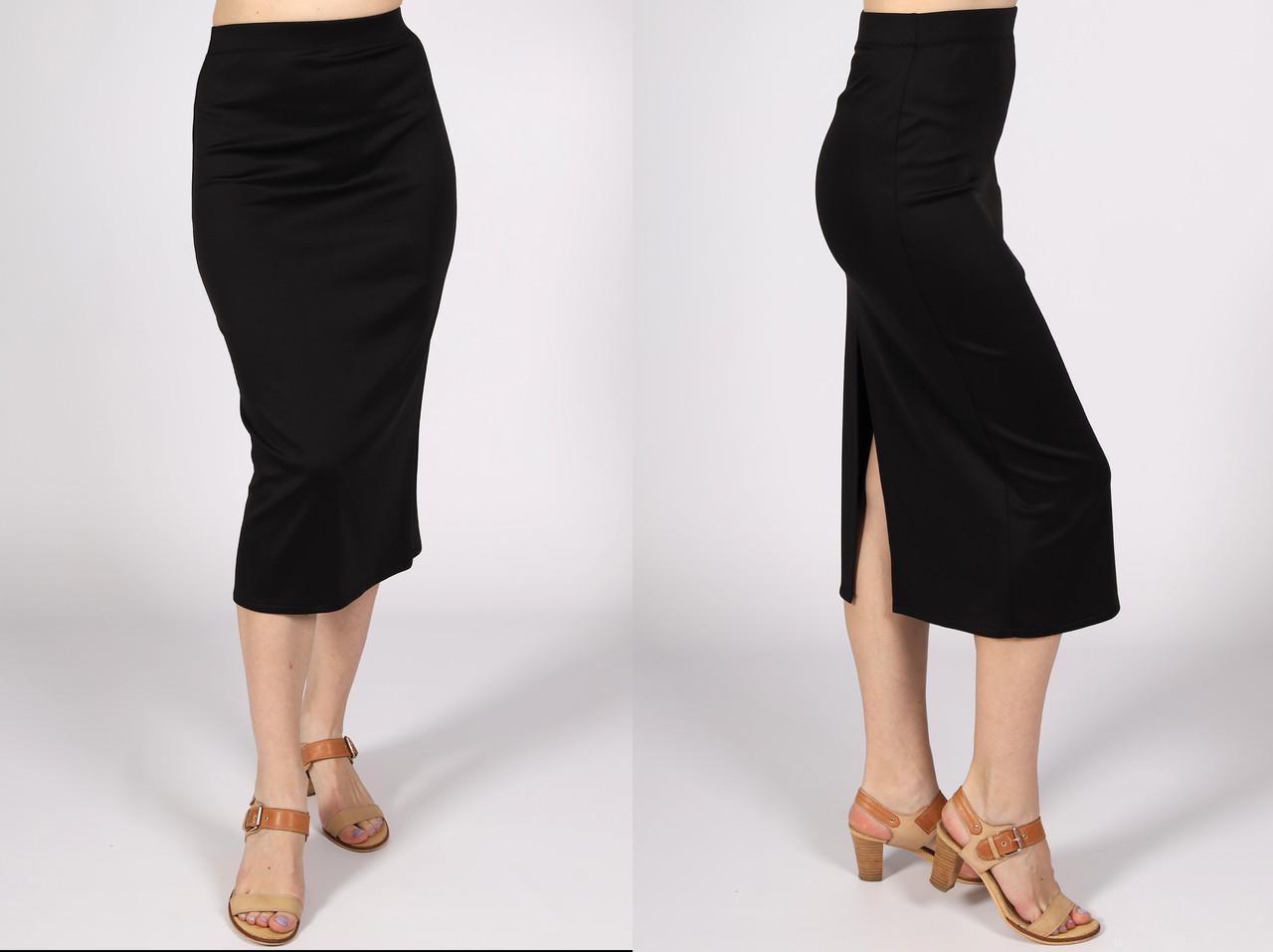 Юбка меди трикотажная женская с разрезом сзади однотонная р. 38 Черный (2495108748) - фото 5
