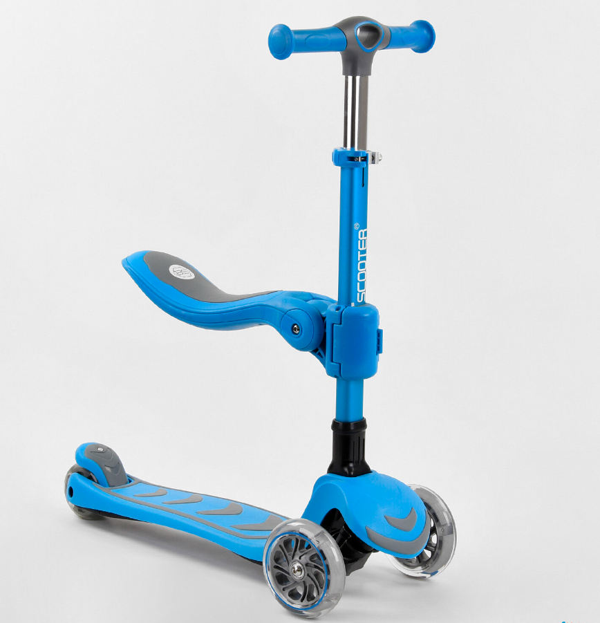 Самокат трехколесный Best Scooter с сиденьем светящиеся колсеса Голубой (Т-04177)