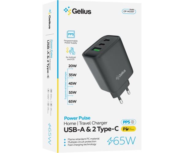 Зарядний пристрій мережевий Gelius Power Pulse GP-HC057 65W USB та 2 Type-C Black (0100000096524) - фото 4