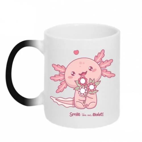 Чашка хамелеон Улыбка счастливого Аксолотля с цветами Черно-белый (18731854-17-209625)