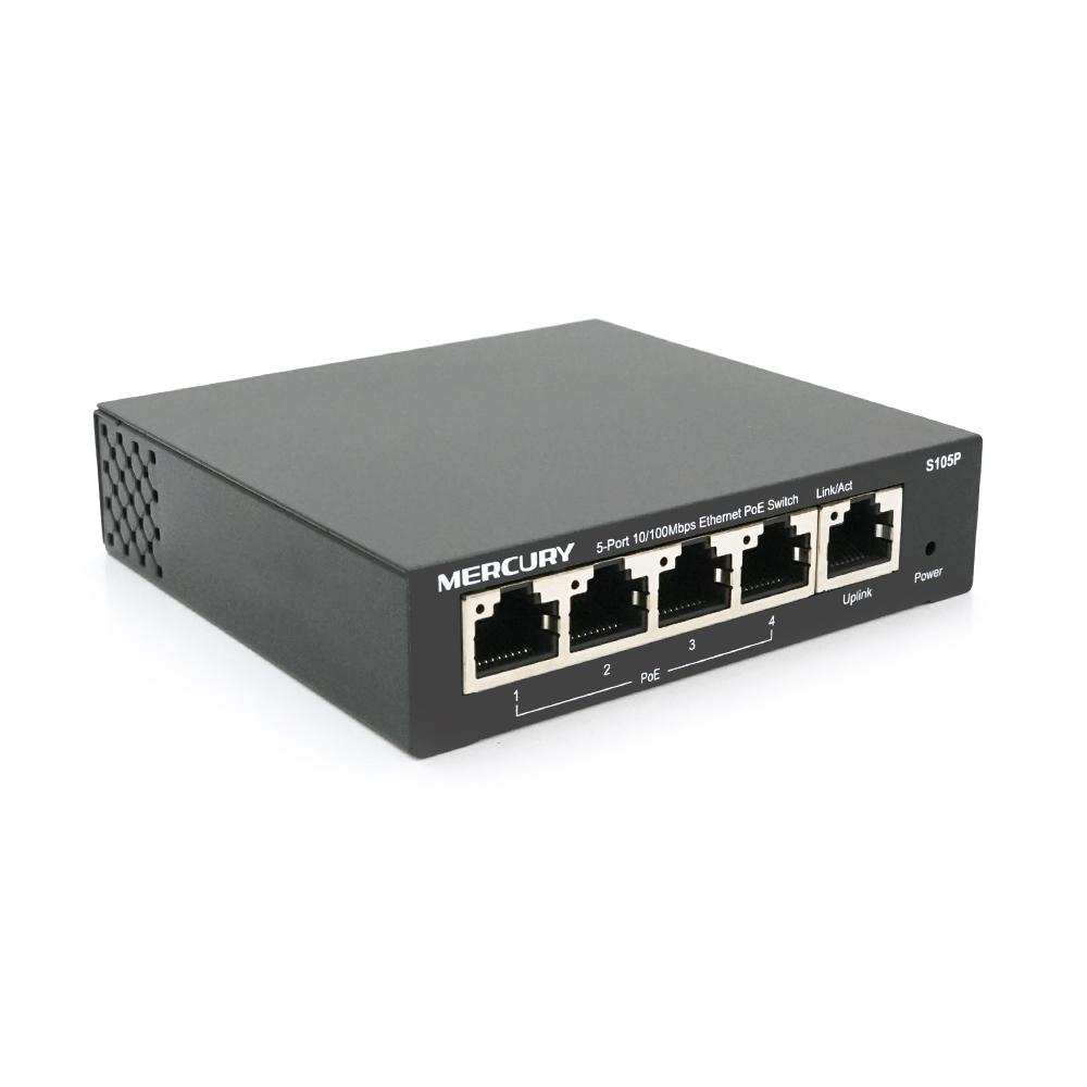 Комутатор PoE Mercury S105P 4 порти PoE 1 Ethernet Uplink 10/100 Мбіт/с 48V BOX Q200 габарити (YUT_V4590)