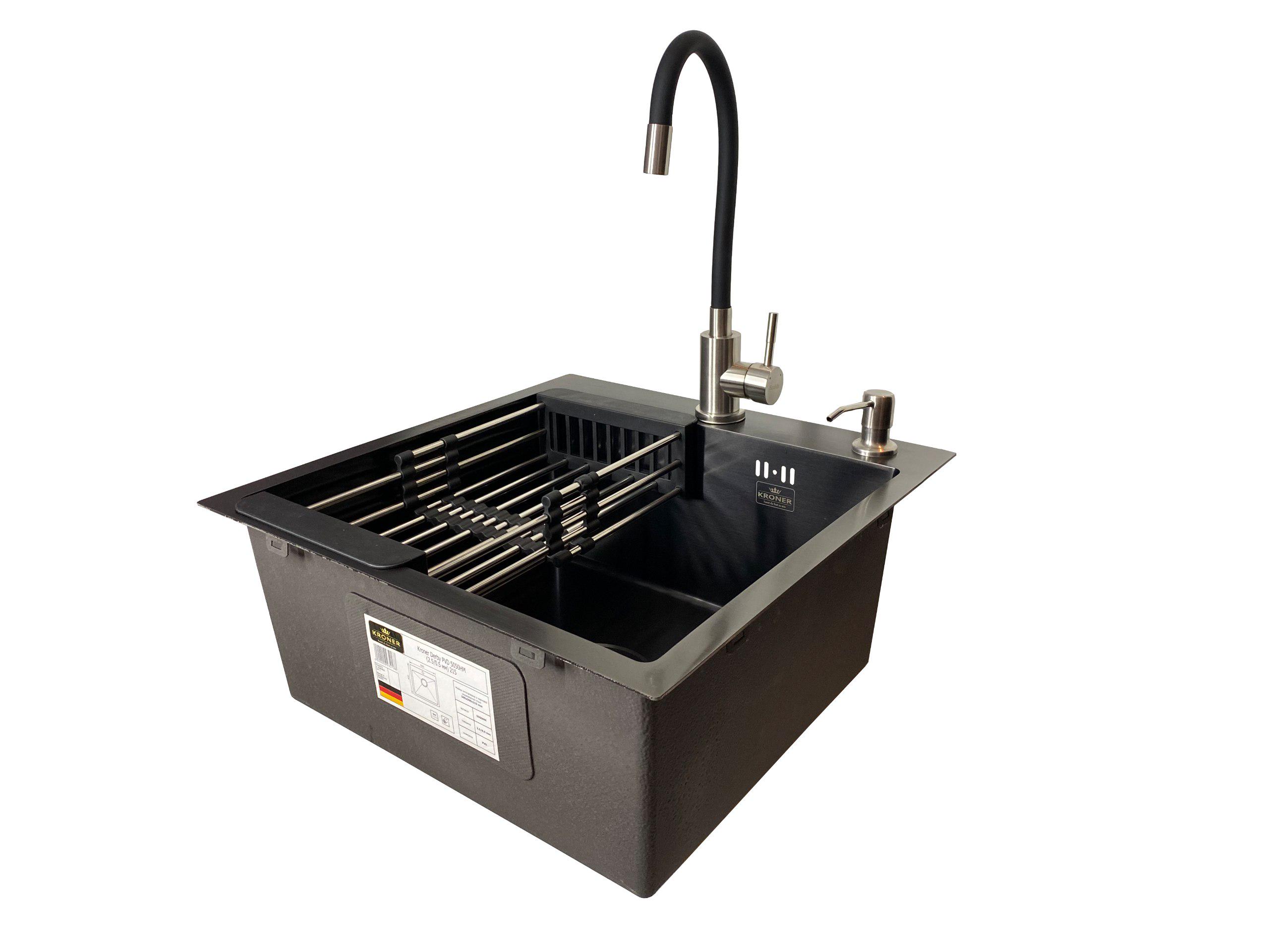 Мойка для кухни Kroner Handmade 50x50 см 2,5\0,5 мм PVD смеситель гибкий/дозатор/корзинка/сифон Черный (e75720be)