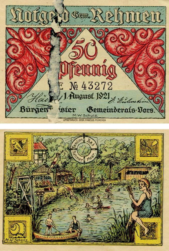 Коллекционная банкнота Германия Нотгельд 50 пфеннигов 1921 F-VF Ремен (Б18684)