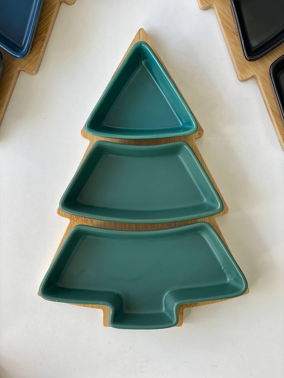 Менажниця Olens Ялинка керамічна на бамбуковій підставці 3-х секційна Зелений (8030-355)