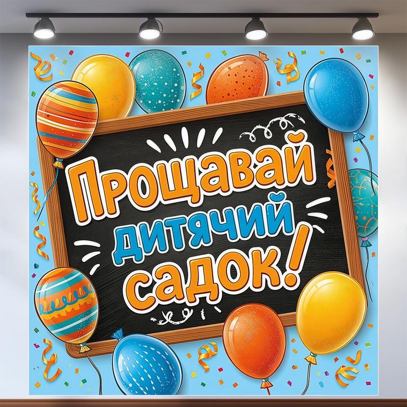 Баннер для фотозоны "Прощавай дитячий садок" на выпускной плакат с шариками и доской 120х120 см Баннер для фотозоны "Прощавай дитячий садок" на выпускной плакат с шариками и доской 120х120 см