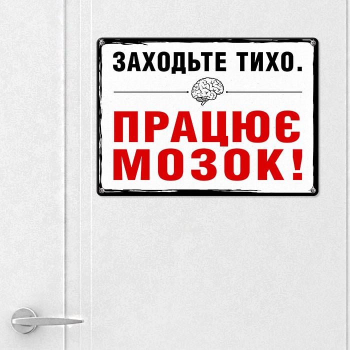 Табличка металлическая Заходьте тихо. Працює мозок 26х18,5 см (MET_20J015_WH)