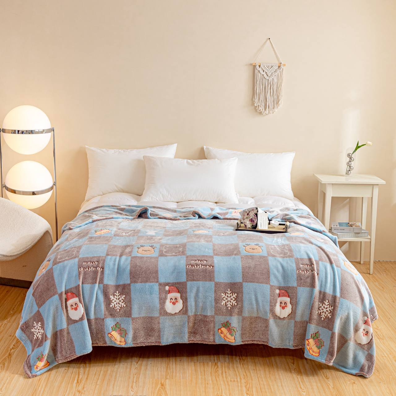 Плед микрофибра новогодний 200x230 см Голубой с коричневым