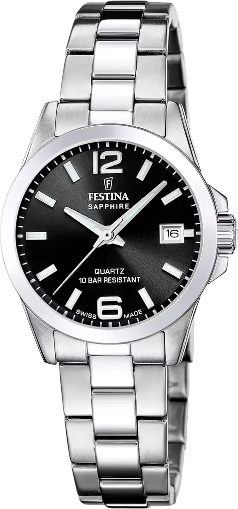 Наручные часы женские Festina F20049/6 Classics Swiss Made со стальным корпусом/сапфировым стеклом WR 100 м и черным циферблатом