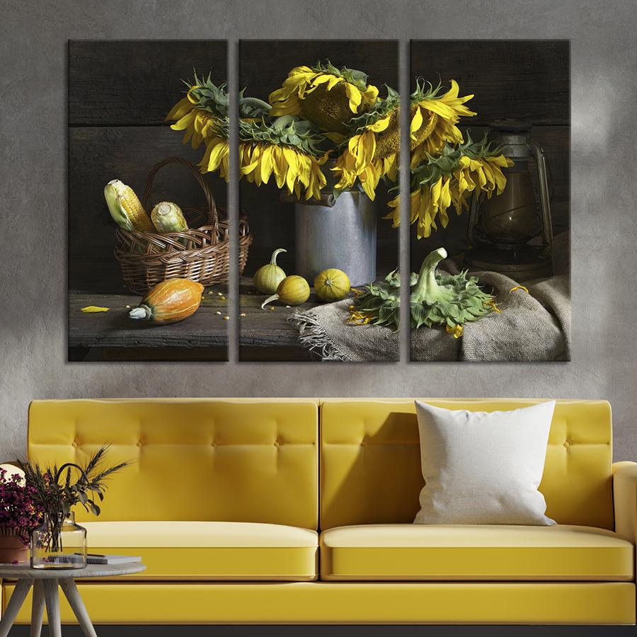 Картина на холсте триптих Красивый натюрморт с подсолнухами 78x48 см (993-31)