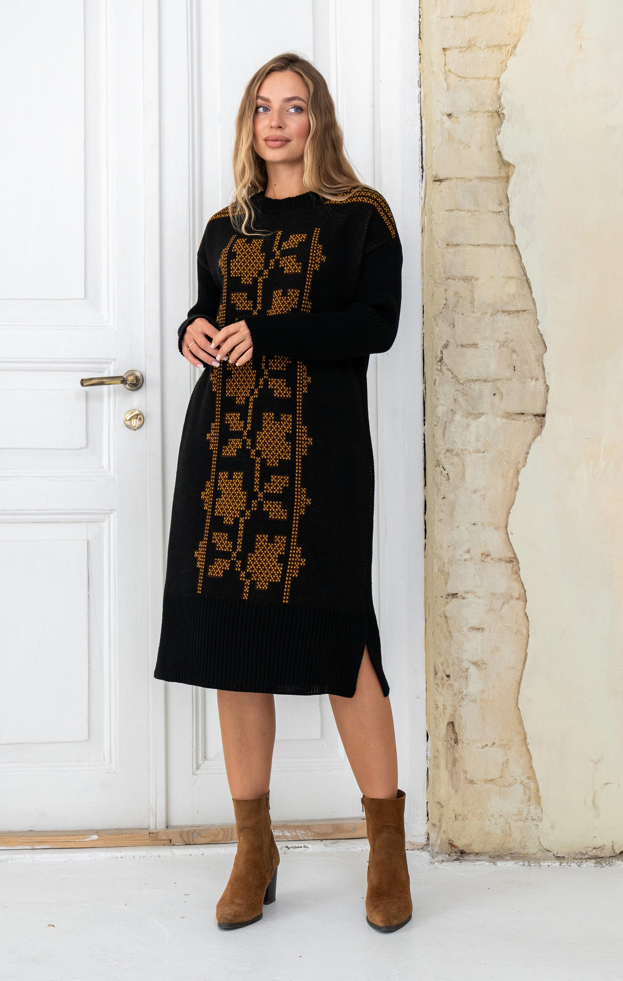 Сукня вязана з орнаментом р. 48-54 Чорно-гірчичний (ВЕ01) - фото 1