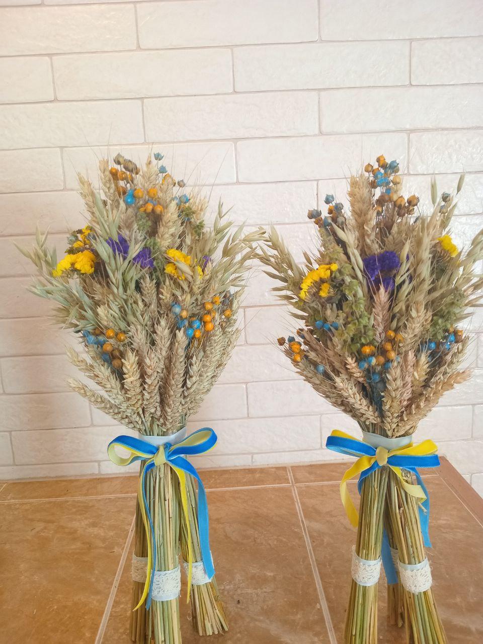Дидух рождественский из колосья пшеницы/льна и овса на трех ножках 40-45 см с украинской лентой (2814653828) - фото 7