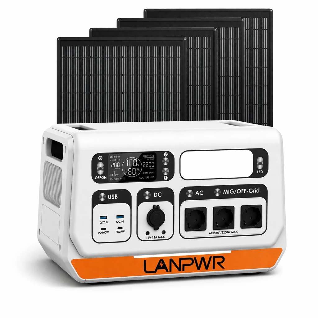 Зарядная станция LANPWR LiFePO4 2048 Вт·ч 2200 Вт с солнечными панелями 4 шт. 180 Вт Черный (PS2400-3-PRO-KIT)