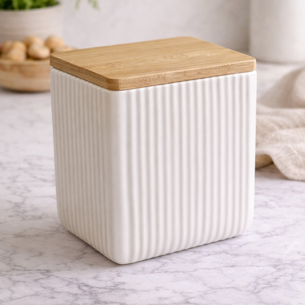 Банка для сыпучих продуктов с бамбуковой крышкой керамическая 900 мл Белый (31640363) Банка для сыпучих продуктов с бамбуковой крышкой керамическая 900 мл Белый (31640363)