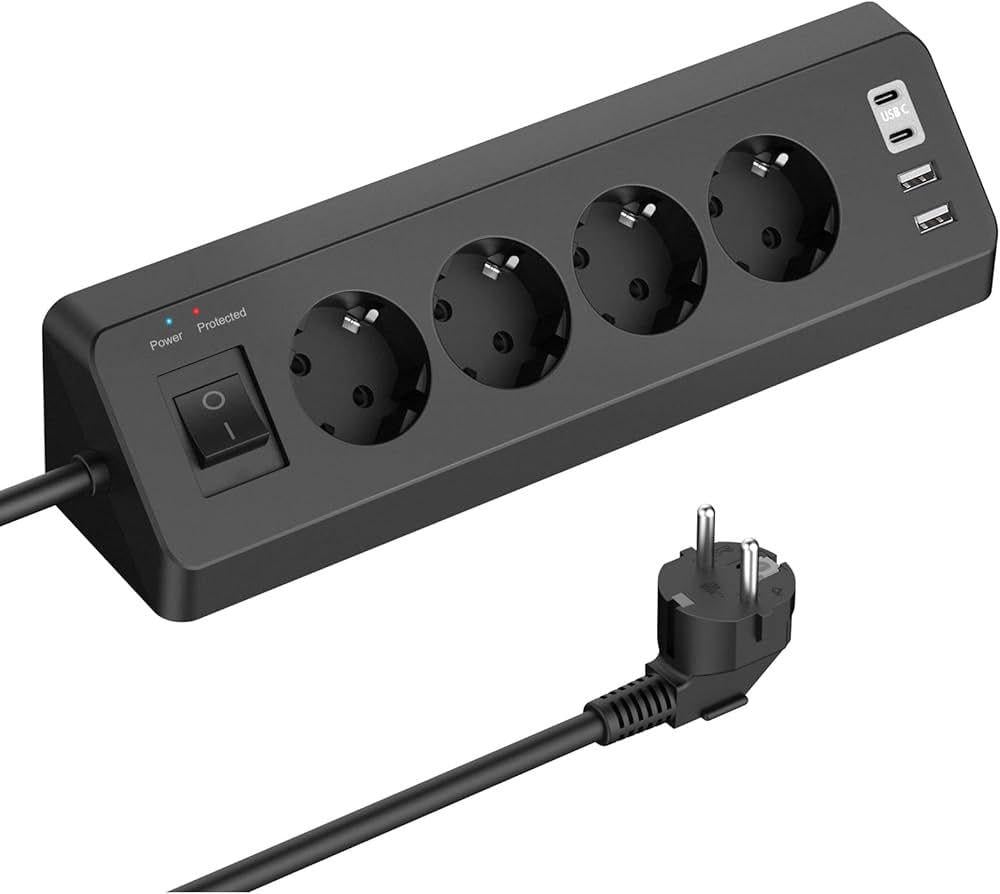 Розетка кутова SUDEERY на 4 гнізда з вимикачем та портами USB/Type-C кабель 2 м Чорний (32161434)