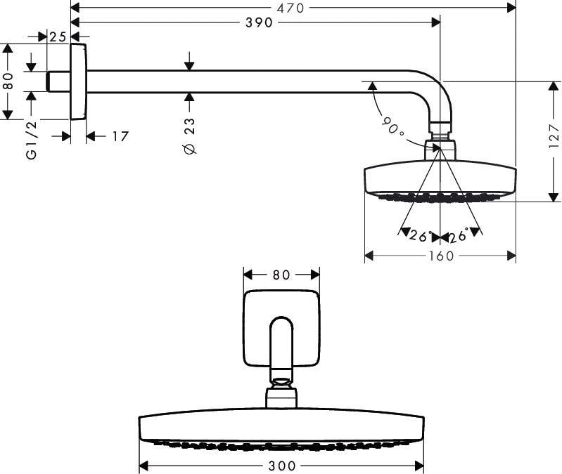 Верхний душ Hansgrohe Raindance Select E 27385400 300x160 мм с кронштейном Хром (77117) - фото 2