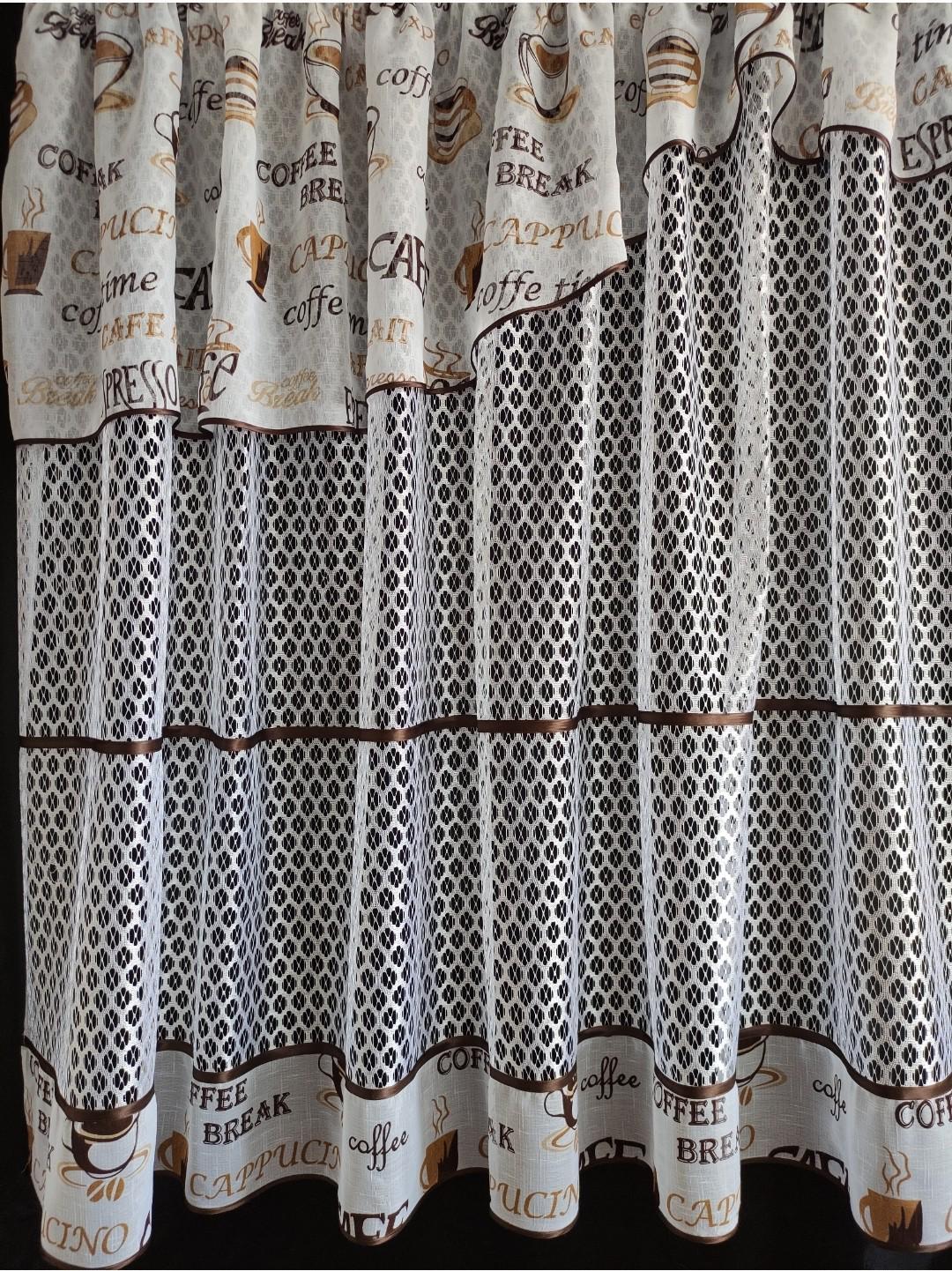 Гардина на кухню Сітка соти батист окантована бейкою 290х165 см Білий з коричневим (пк-22)