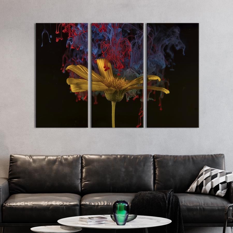 Картина на холсте триптих Цветная абстракция и цветок 128x81 см (834-31)