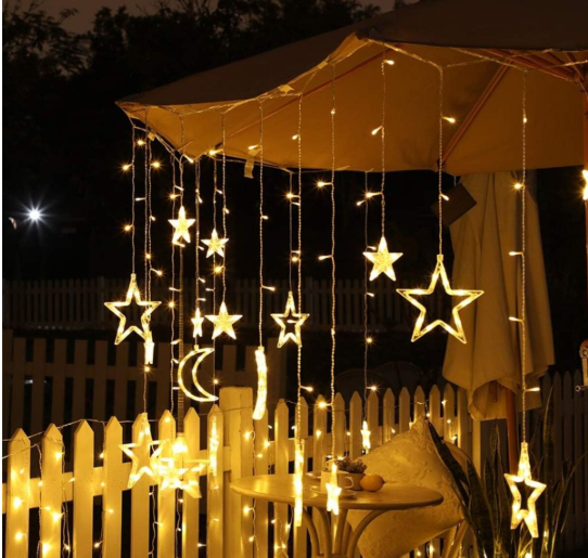 Гірлянда штора LED новорічна VALESO зірки/місяць 12 підвісок 3 м×0,6 м тепле світло (LKS3436) - фото 2 Гірлянда штора LED новорічна VALESO зірки/місяць 12 підвісок 3 м×0,6 м тепле світло (LKS3436) - фото 2