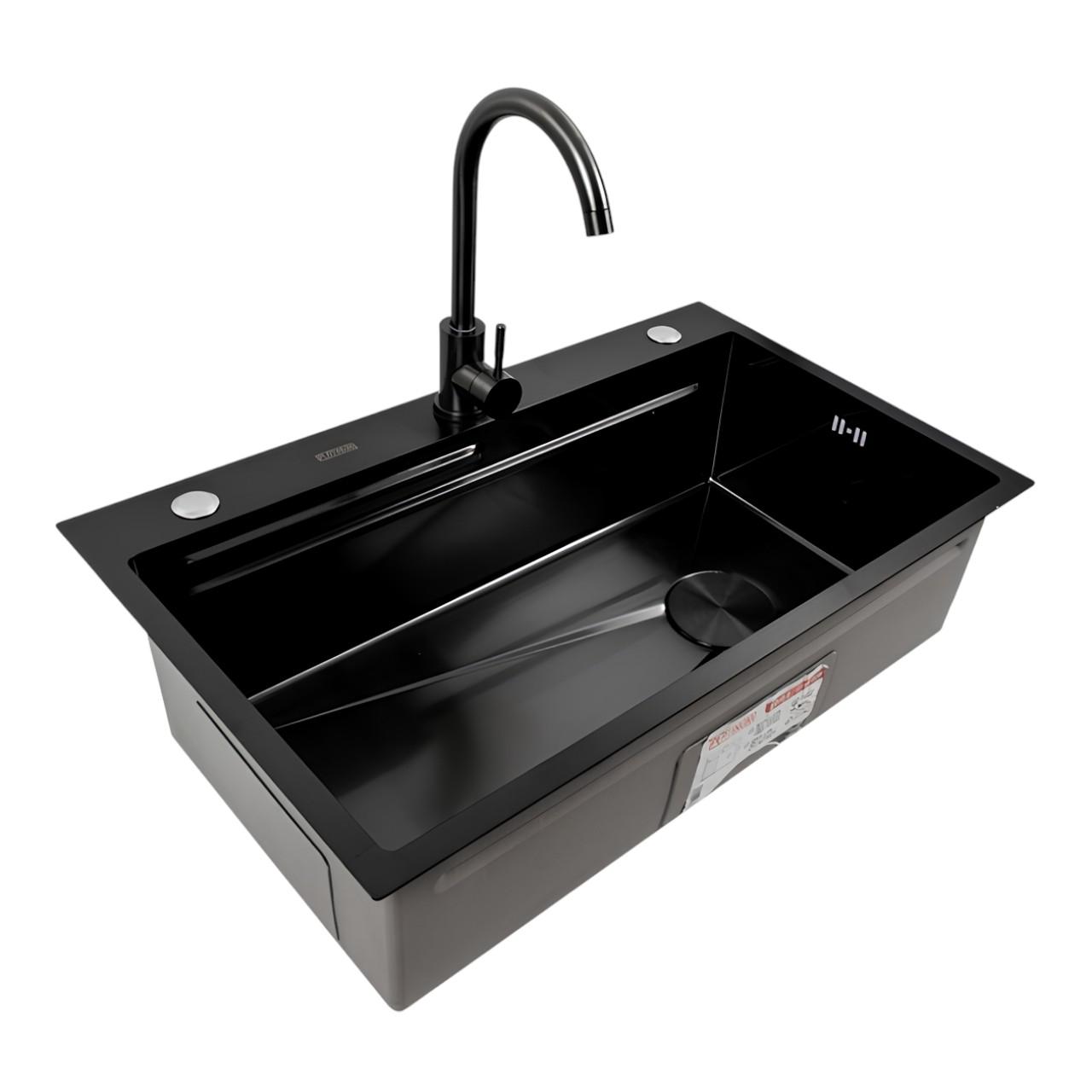 Мийка кухонна Platinum CM 75х46B з вологостійкою дошкою для обробки продуктів та сифоном Чорний (є266) - фото 4 Мийка кухонна Platinum CM 75х46B з вологостійкою дошкою для обробки продуктів та сифоном Чорний (є266) - фото 4