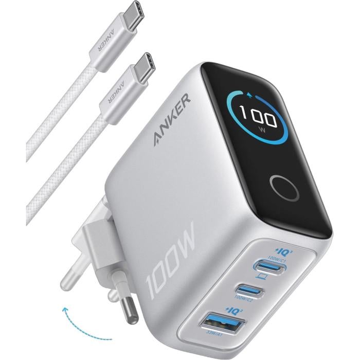 Зарядное устройство сетевое Anker GaN Charger 100W 2xUSB-C 1xUSB-A Display PD 3.0/QC 4.0 PPS Silver (B121BG41) Зарядное устройство сетевое Anker GaN Charger 100W 2xUSB-C 1xUSB-A Display PD 3.0/QC 4.0 PPS Silver (B121BG41)