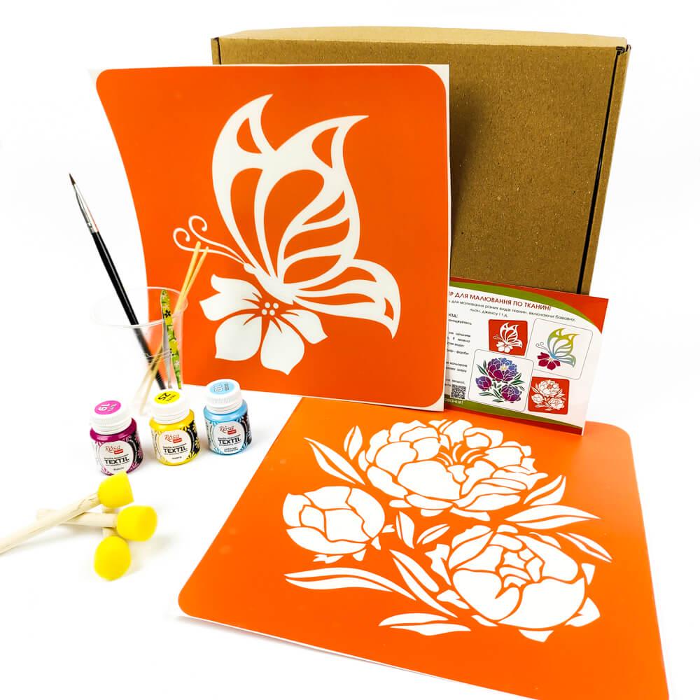Набор для рисования по ткани Fresh Tattoo Бабочка и пион 2 больших трафаретов и 3 краски (paint-butterfly-peony)