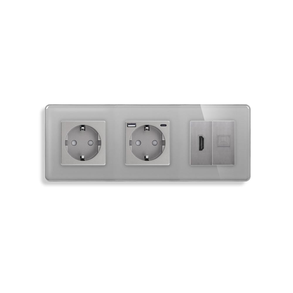 Розетка ELIOS с USB 20Вт HDMI/интернет RJ-45 с заземлением/шторками 250В 16А стеклянная рамка Серый (TW-M3FGACHDMICAT6-GY)