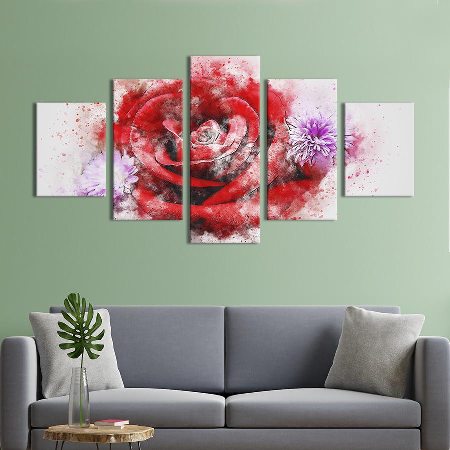 Картина на холсте Красная абстрактная роза и хризантемы 112x54 см (849-52)