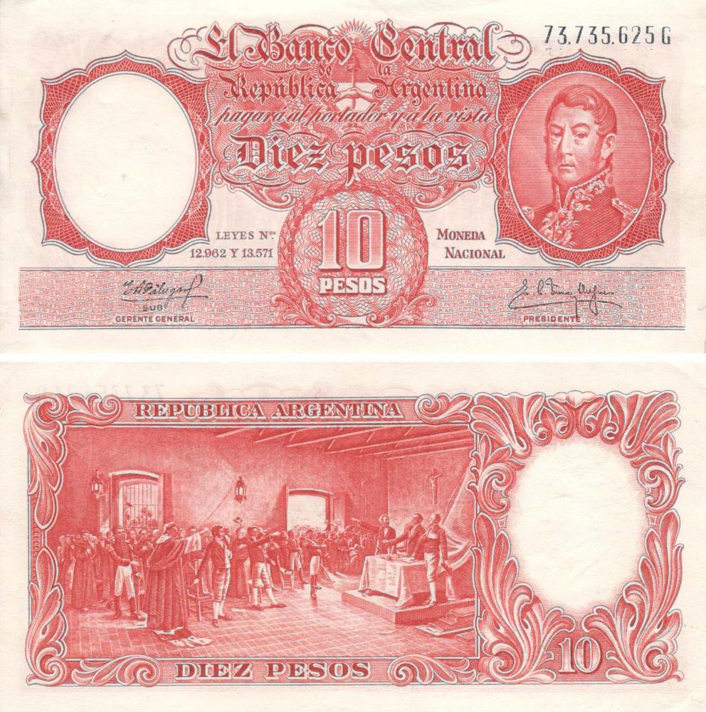 Коллекционная банкнота Аргентина 10 песо 1959-1962 AU-UNC P270 (Б09044)