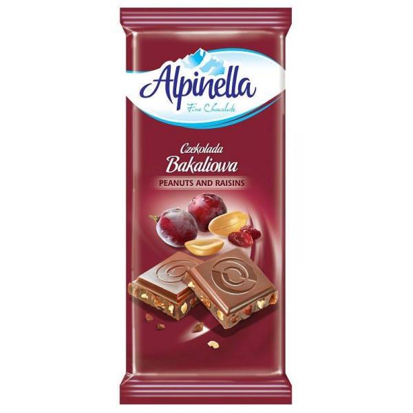 Шоколад Alpinella молочний з арахісом та родзинками 90 г (003507)