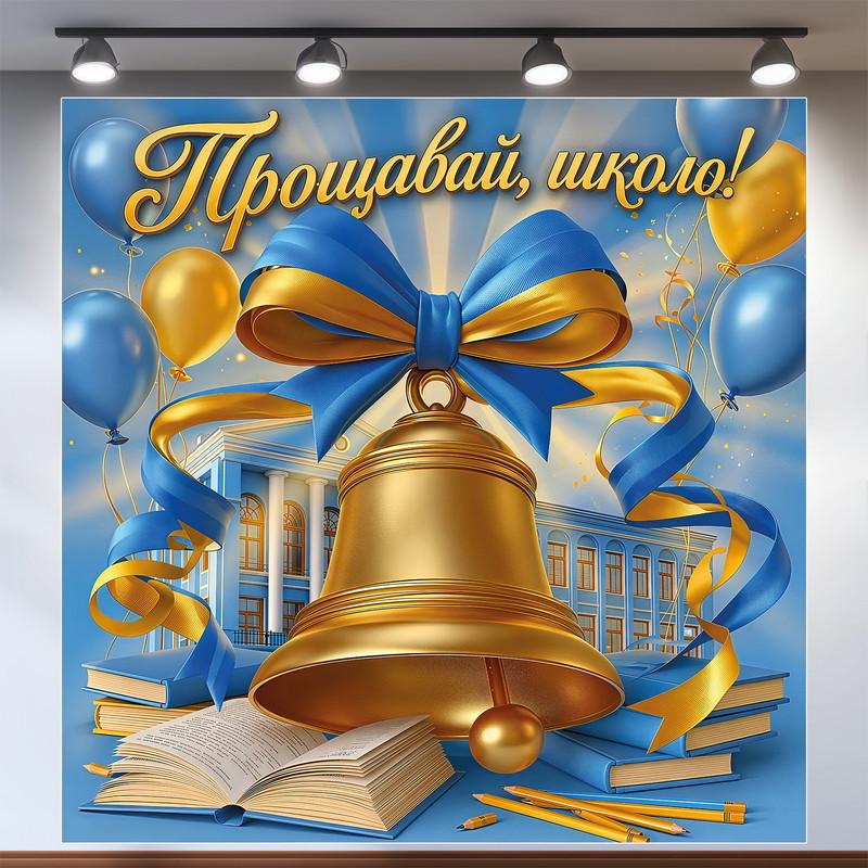 Фотозона на Последний звонок Прощай школо! синий фон с книгами и лентами 160x160 см (№41105)