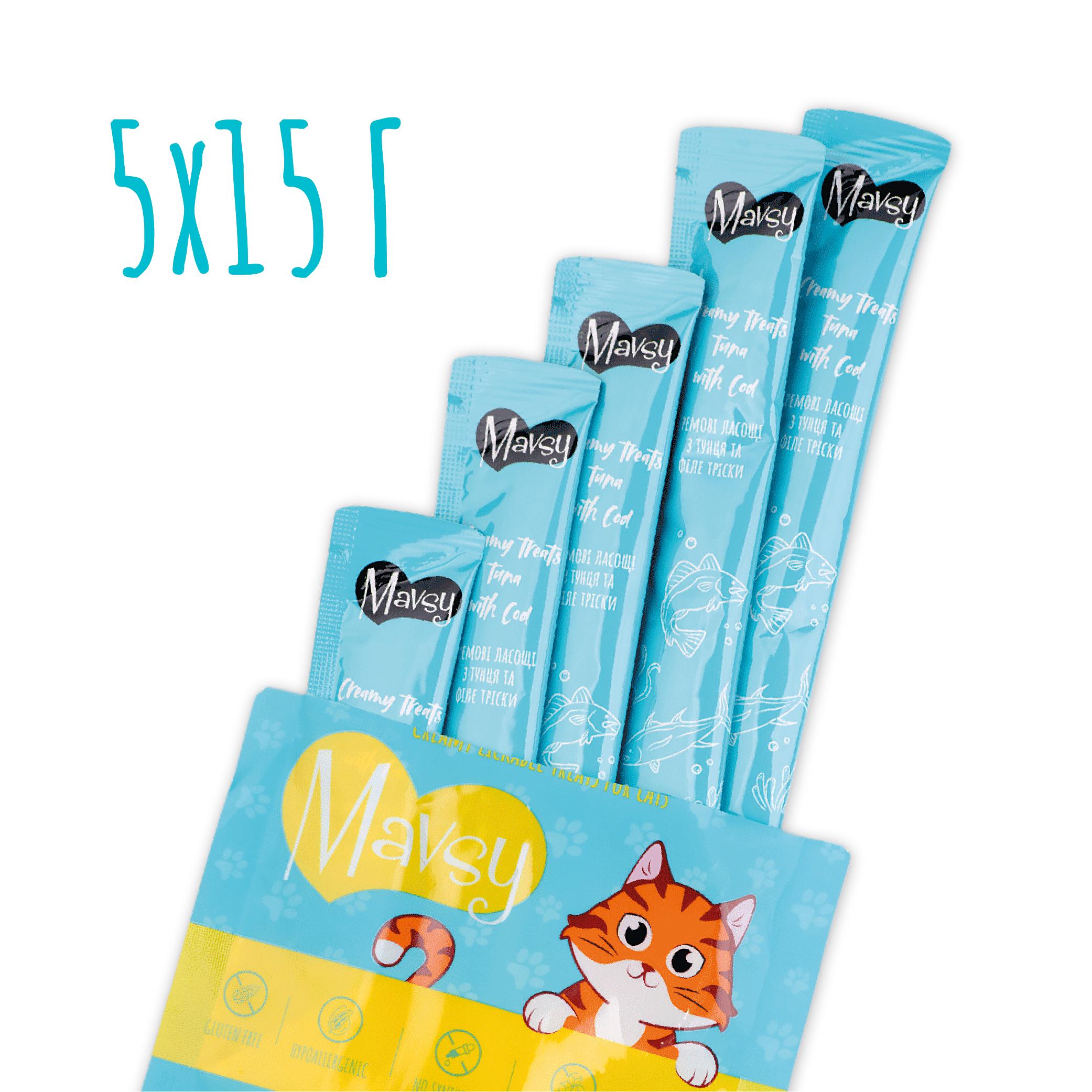 Ласощі для котів Mavsy Creamy lickable treats tuna with cod for cats 5х15 г - фото 4 Ласощі для котів Mavsy Creamy lickable treats tuna with cod for cats 5х15 г - фото 4