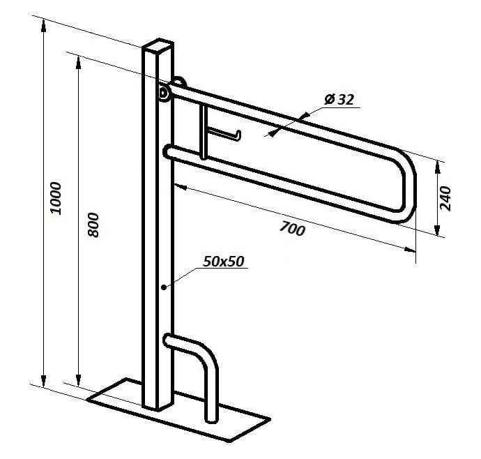 Поручень откидной напольный с держателем туалетной бумаги 700х1000 мм (PSU-02b) - фото 5