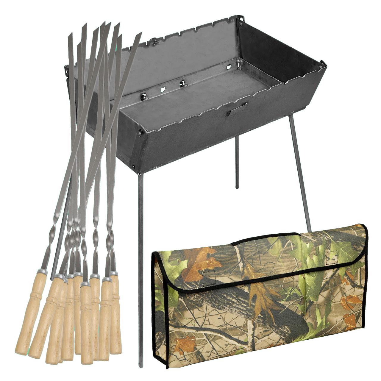Мангал-чемодан 3 мм на 10 шампуров 510х300х140 мм с чехлом и набором шампуров
