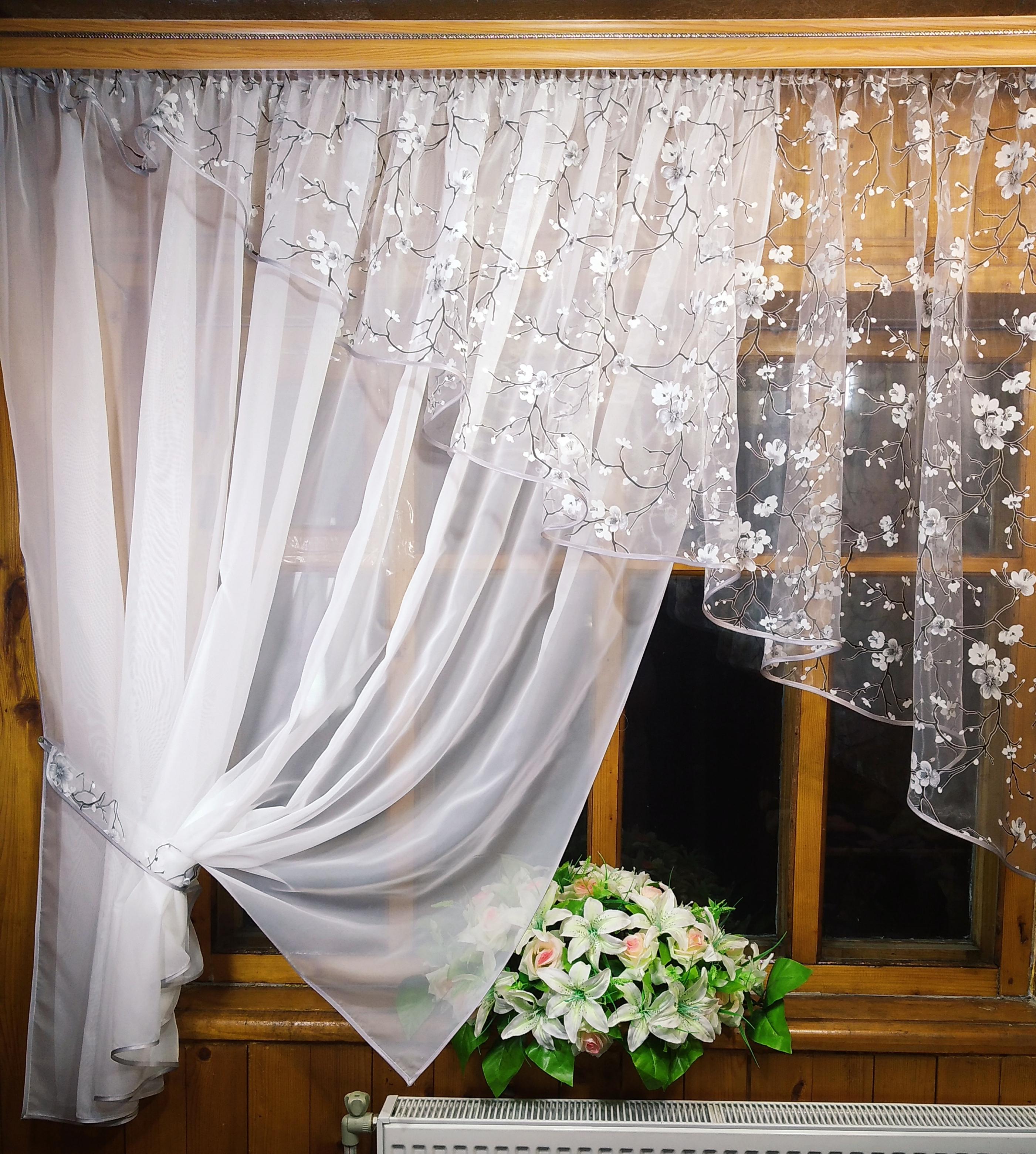 Занавеска кухонная короткая левая готовая Анжелика Белый/Сакура/Серый Занавеска кухонная короткая левая готовая Анжелика Белый/Сакура/Серый