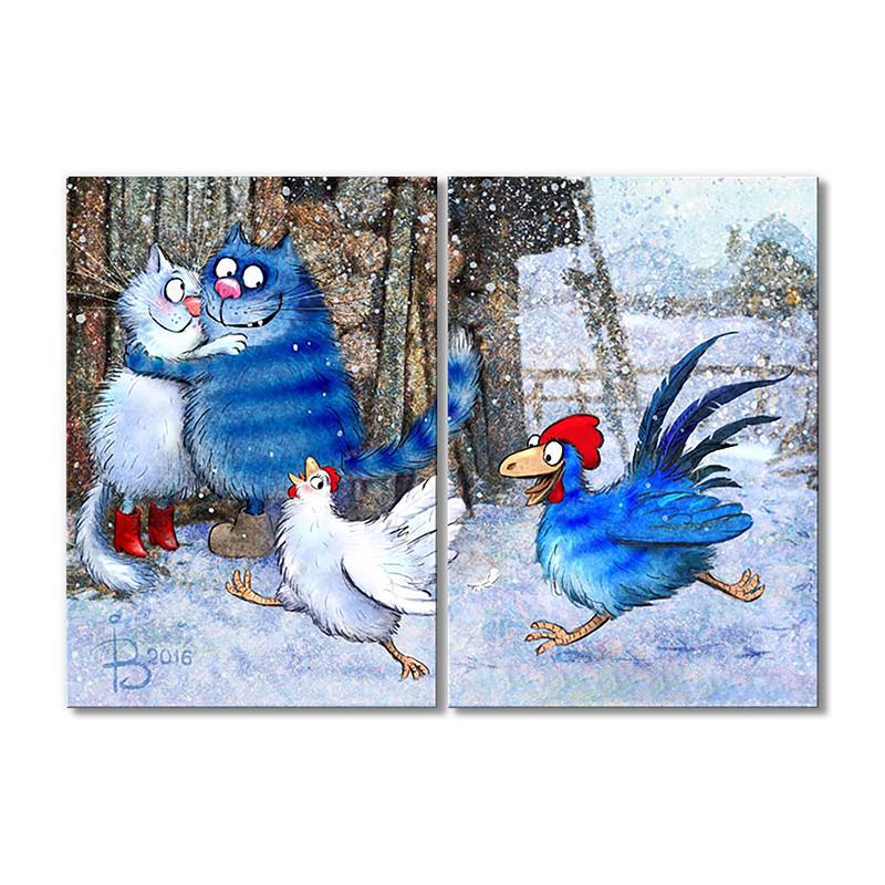 Модульная картина Кот и Петух ухлёстывают за дамами 2 модуля 90x135 см